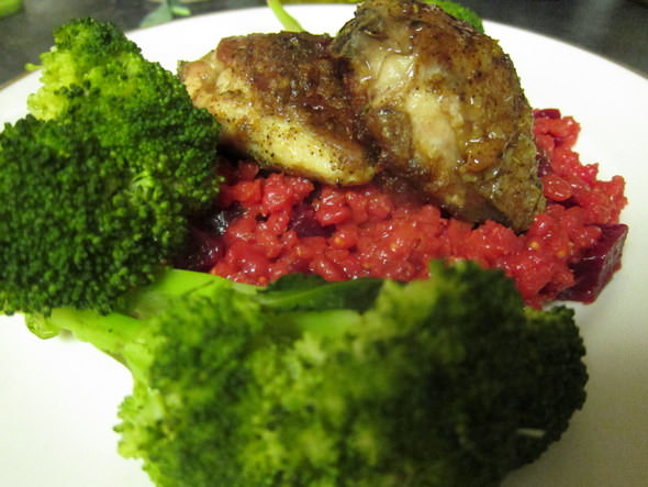 Corpulent Capers: Chicken Thighs with Beetroot Barley and Bordelaise Sauce, with broccoli