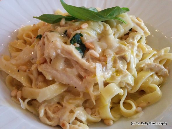Corpulent Capers: Free Range Chicken Tagliatelle, pine nuts, basil, parmesan cheese
